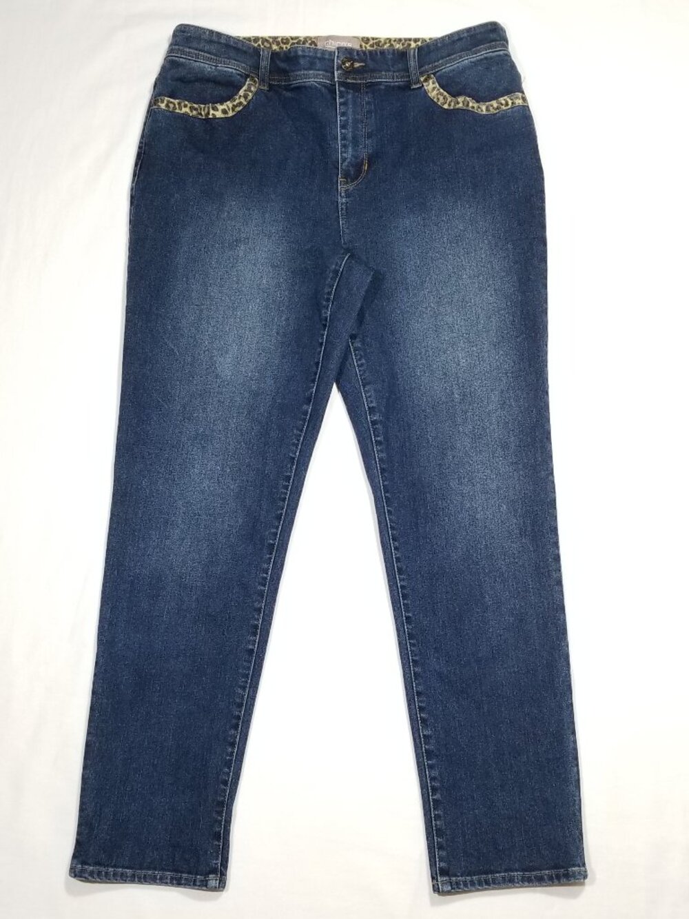 CHICO'S Size 1 Ankle Skinny Jeans Leopard Trim 7127E1MD